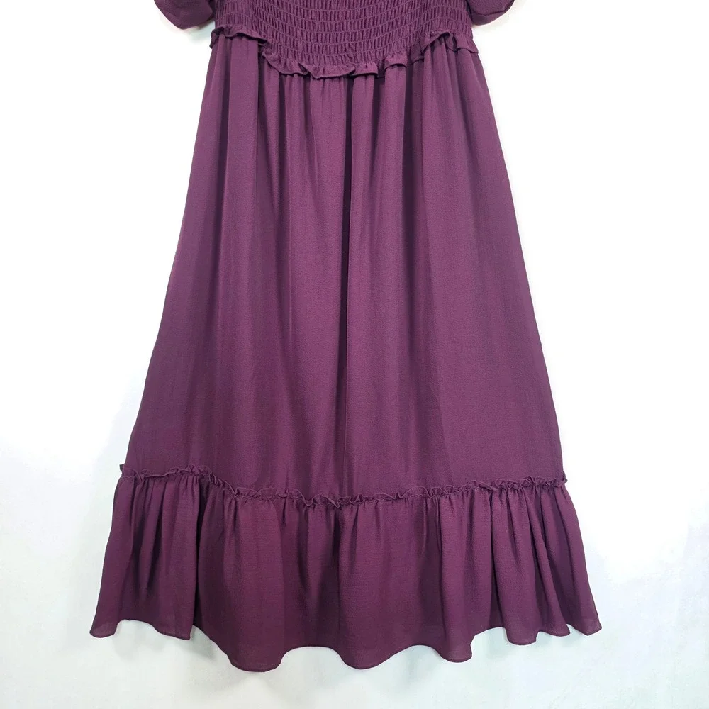Max Studio‎ Maxi Dress Womens L Purple Boho Cottage Puff Sleeve Tiered Smocked